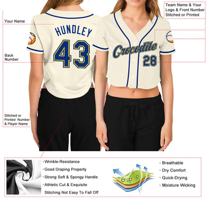 Custom Women's Cream Royal-Gold V-Neck Cropped Baseball Jersey - Sky-Custom