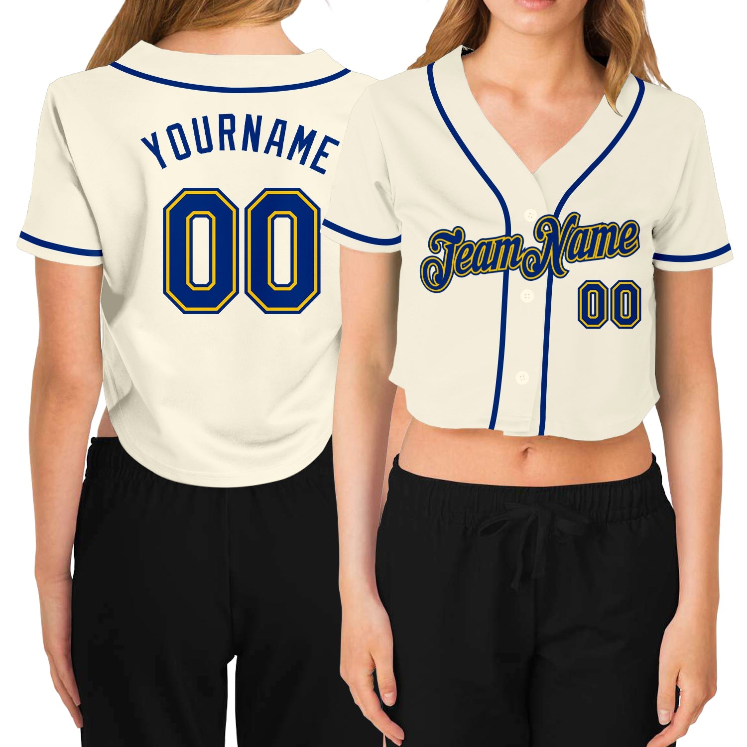 Custom Women's Cream Royal-Gold V-Neck Cropped Baseball Jersey - Sky-Custom