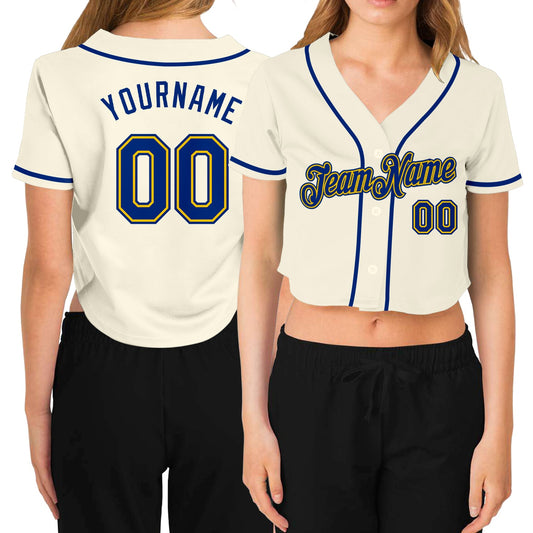 Custom Women's Cream Royal-Gold V-Neck Cropped Baseball Jersey - Sky-Custom
