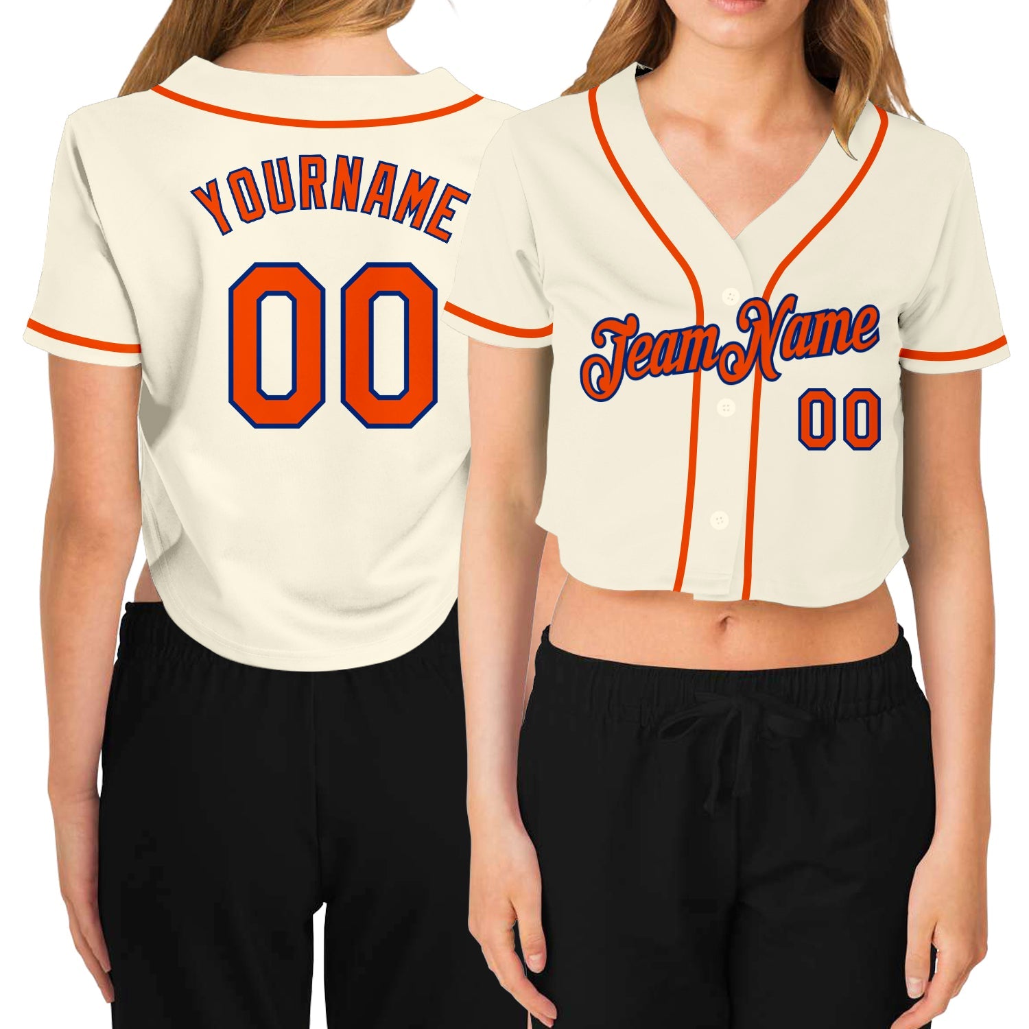 Custom Women's Cream Orange-Royal V-Neck Cropped Baseball Jersey - Sky-Custom