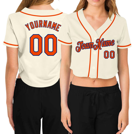 Custom Women's Cream Orange-Royal V-Neck Cropped Baseball Jersey - Sky-Custom