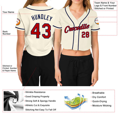 Custom Women's Cream Red-Navy V-Neck Cropped Baseball Jersey - Sky-Custom