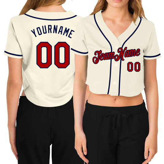 Custom Women's Cream Red-Navy V-Neck Cropped Baseball Jersey - Sky-Custom
