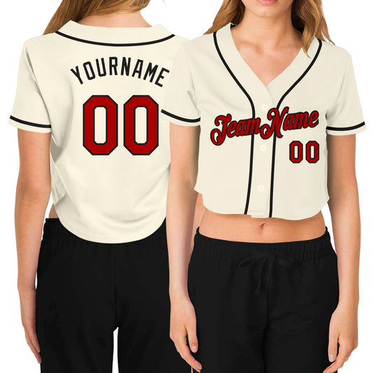 Custom Women's Cream Red-Black V-Neck Cropped Baseball Jersey - Sky-Custom