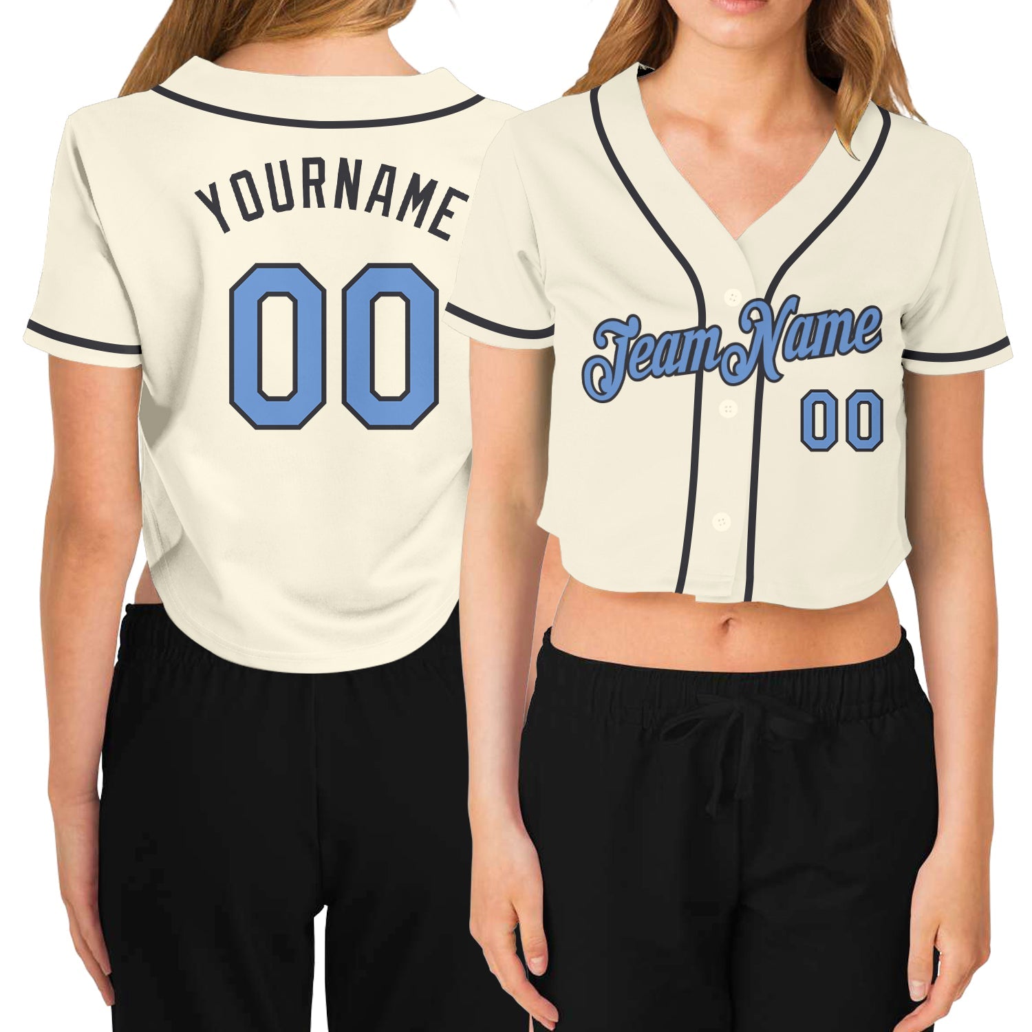 Custom Women's Cream Light Blue-Steel Gray V-Neck Cropped Baseball Jersey - Sky-Custom