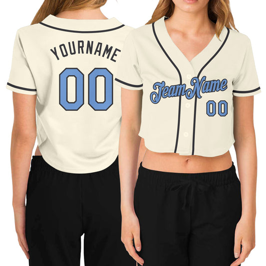 Custom Women's Cream Light Blue-Steel Gray V-Neck Cropped Baseball Jersey - Sky-Custom