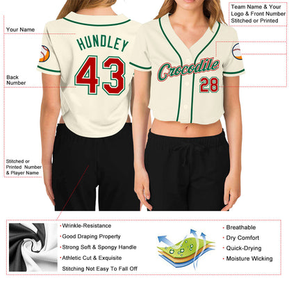 Custom Women's Cream Red-Kelly Green V-Neck Cropped Baseball Jersey - Sky-Custom