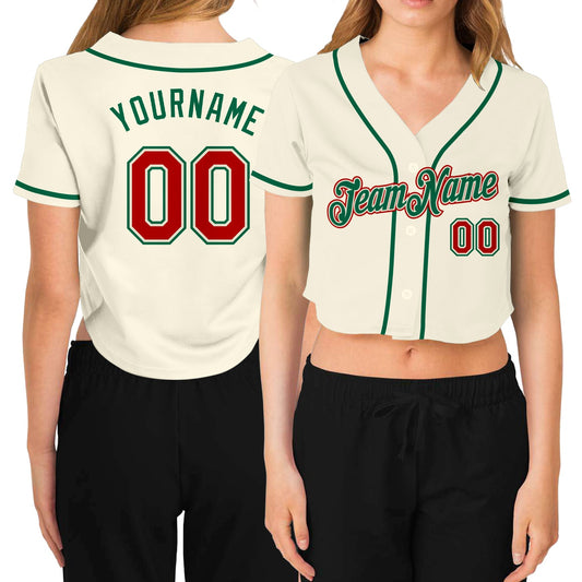 Custom Women's Cream Red-Kelly Green V-Neck Cropped Baseball Jersey - Sky-Custom