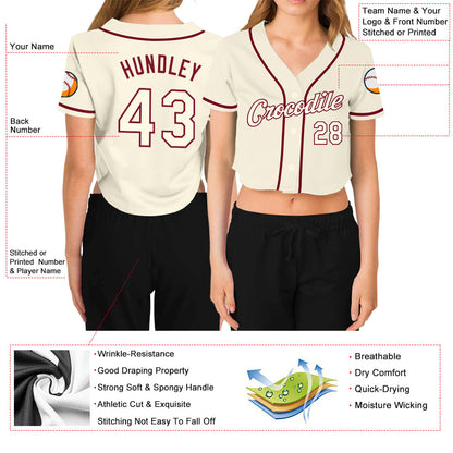 Custom Women's Cream Cream-Crimson V-Neck Cropped Baseball Jersey - Sky-Custom