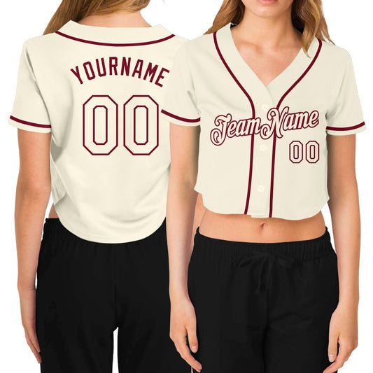 Custom Women's Cream Cream-Crimson V-Neck Cropped Baseball Jersey - Sky-Custom