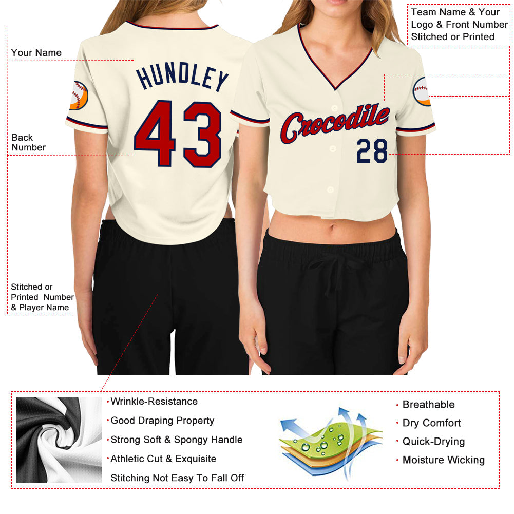 Custom Women's Cream Red-Navy V-Neck Cropped Baseball Jersey - Sky-Custom