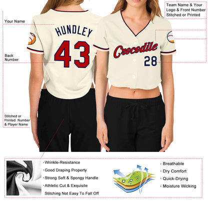 Custom Women's Cream Red-Navy V-Neck Cropped Baseball Jersey - Sky-Custom