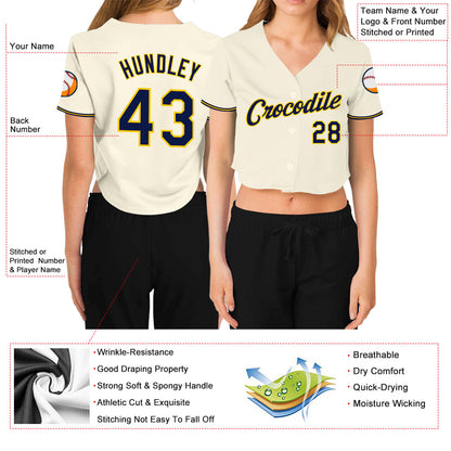 Custom Women's Cream Navy-Gold V-Neck Cropped Baseball Jersey - Sky-Custom