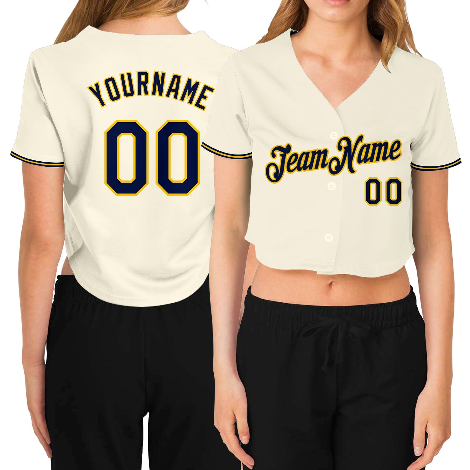 Custom Women's Cream Navy-Gold V-Neck Cropped Baseball Jersey - Sky-Custom