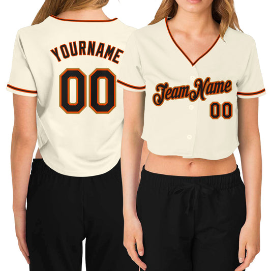 Custom Women's Cream Black Orange-Old Gold V-Neck Cropped Baseball Jersey - Sky-Custom