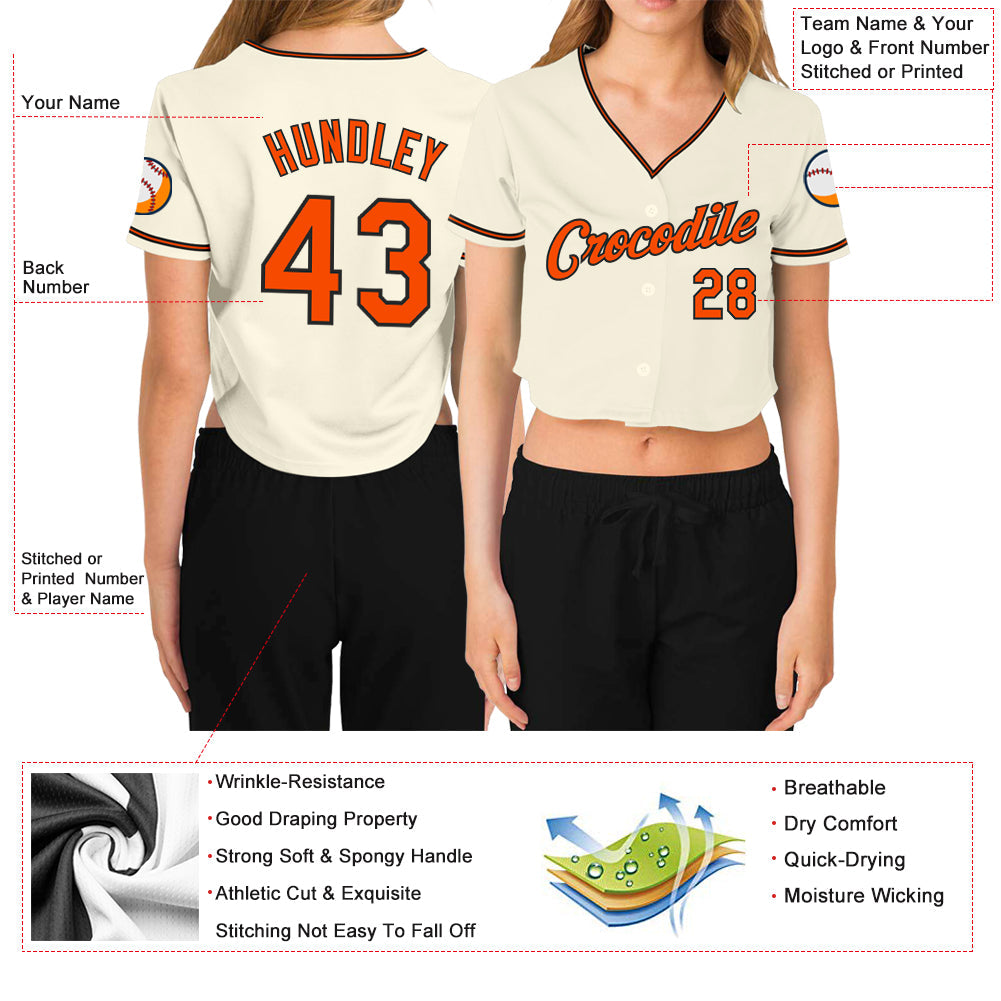 Custom Women's Cream Orange-Black V-Neck Cropped Baseball Jersey - Sky-Custom