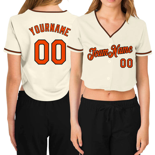 Custom Women's Cream Orange-Black V-Neck Cropped Baseball Jersey - Sky-Custom