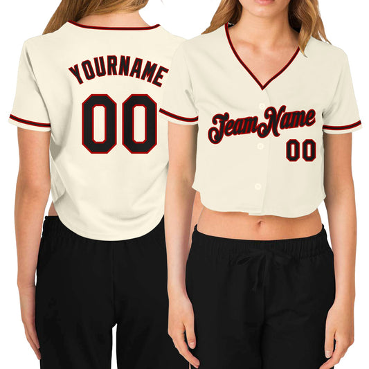 Custom Women's Cream Black-Red V-Neck Cropped Baseball Jersey - Sky-Custom