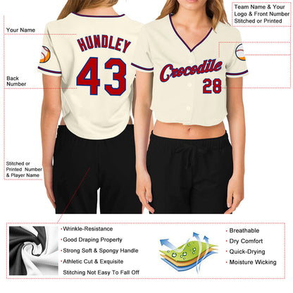 Custom Women's Cream Red-Royal V-Neck Cropped Baseball Jersey - Sky-Custom
