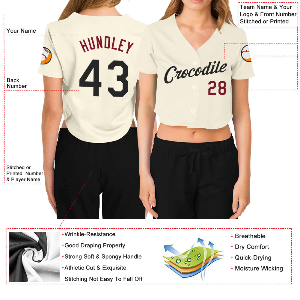 Custom Women's Cream Black-Crimson V-Neck Cropped Baseball Jersey - Sky-Custom