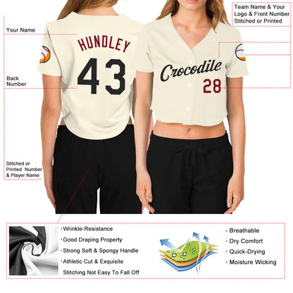 Custom Women's Cream Black-Crimson V-Neck Cropped Baseball Jersey - Sky-Custom