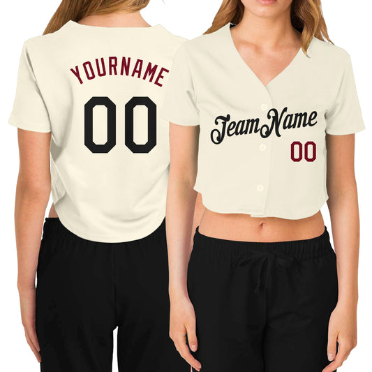Custom Women's Cream Black-Crimson V-Neck Cropped Baseball Jersey - Sky-Custom