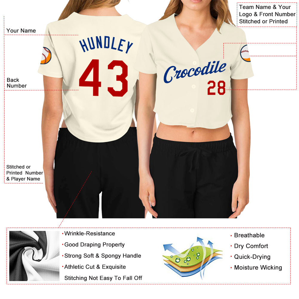 Custom Women's Cream Red-Royal V-Neck Cropped Baseball Jersey - Sky-Custom