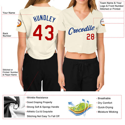 Custom Women's Cream Red-Royal V-Neck Cropped Baseball Jersey - Sky-Custom