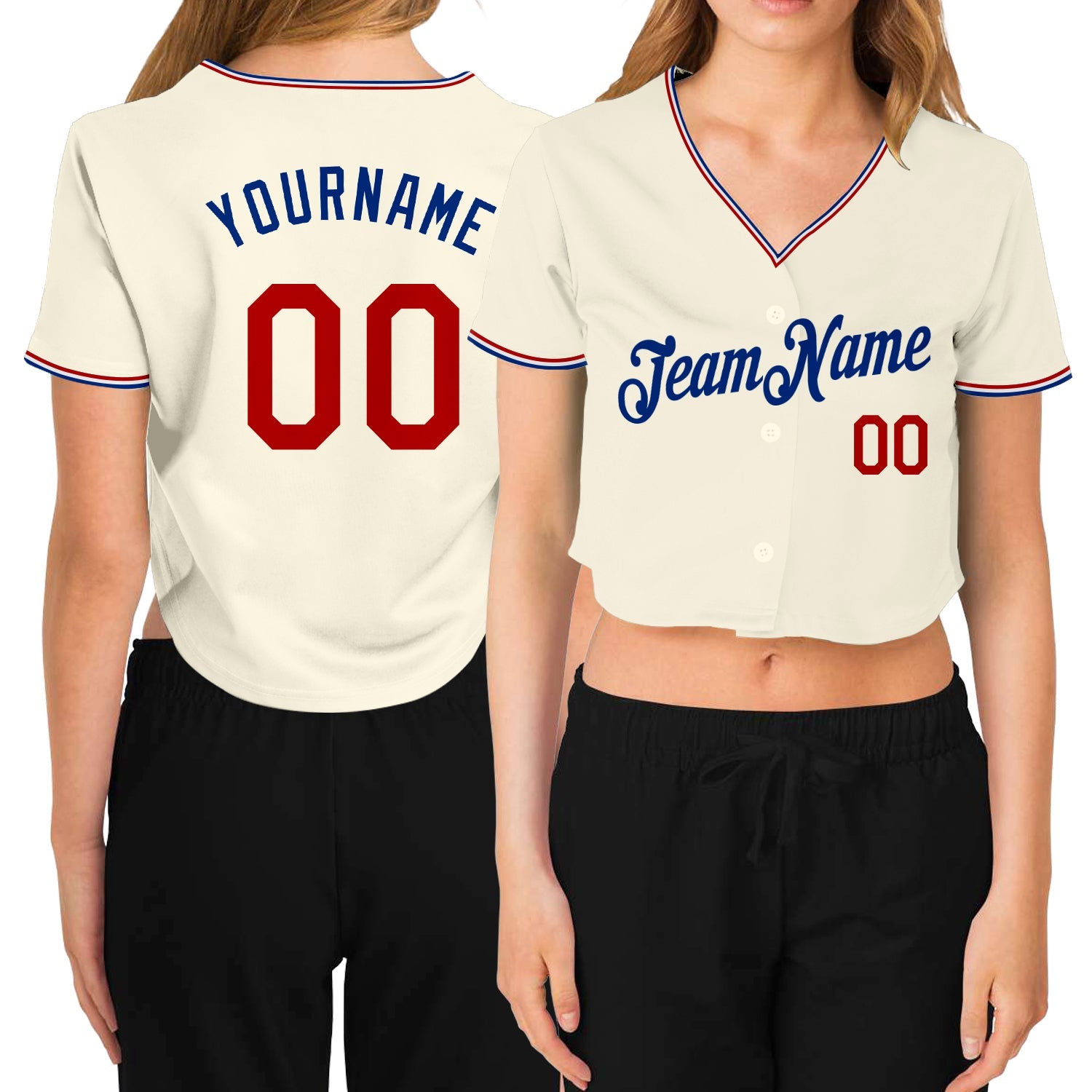 Custom Women's Cream Red-Royal V-Neck Cropped Baseball Jersey - Sky-Custom