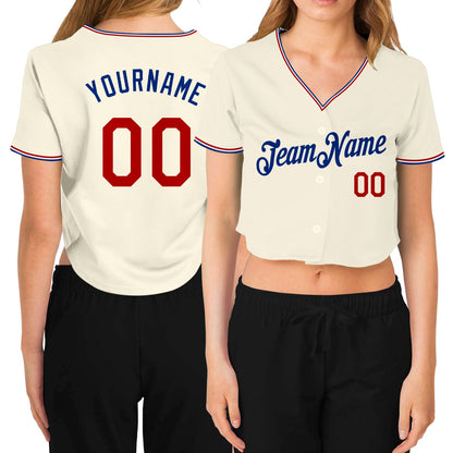 Custom Women's Cream Red-Royal V-Neck Cropped Baseball Jersey - Sky-Custom