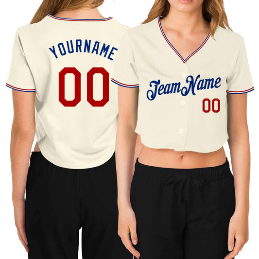 Custom Women's Cream Red-Royal V-Neck Cropped Baseball Jersey - Sky-Custom