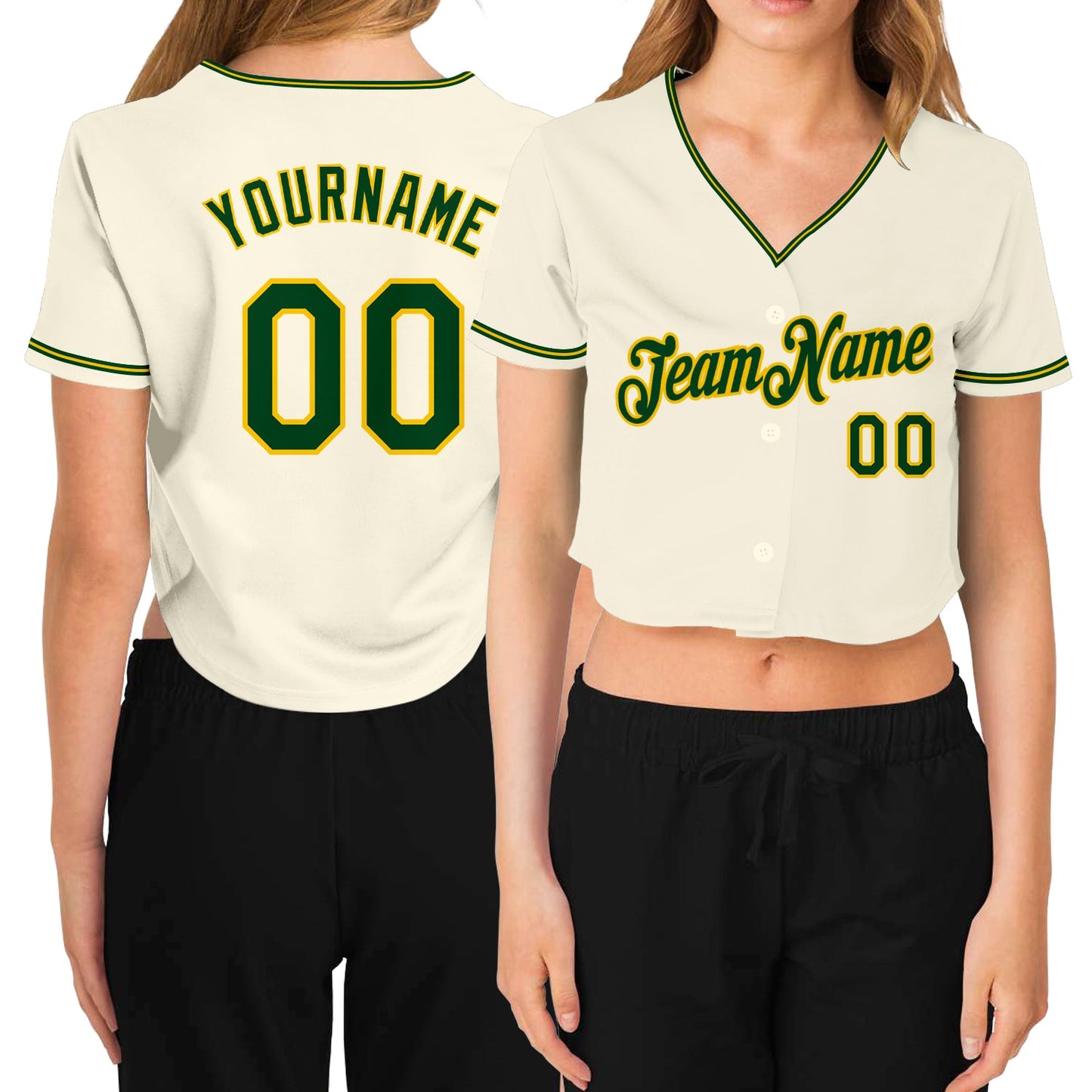 Custom Women's Cream Green-Gold V-Neck Cropped Baseball Jersey - Sky-Custom