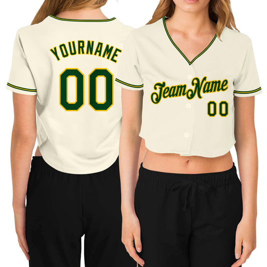 Custom Women's Cream Green-Gold V-Neck Cropped Baseball Jersey - Sky-Custom