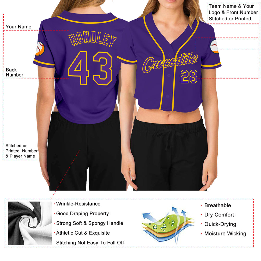 Custom Women's Purple Purple-Gold V-Neck Cropped Baseball Jersey - Sky-Custom