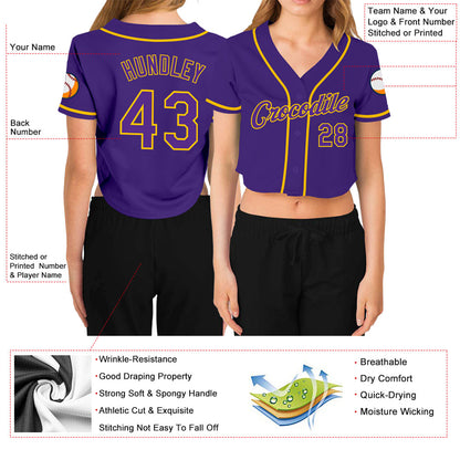 Custom Women's Purple Purple-Gold V-Neck Cropped Baseball Jersey - Sky-Custom