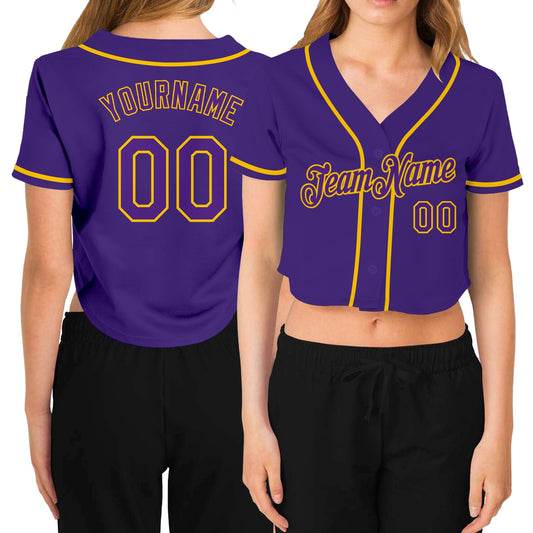 Custom Women's Purple Purple-Gold V-Neck Cropped Baseball Jersey - Sky-Custom