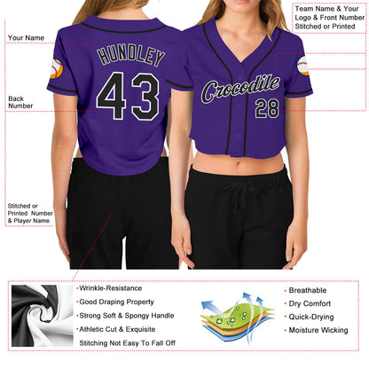 Custom Women's Purple Black-White V-Neck Cropped Baseball Jersey - Sky-Custom