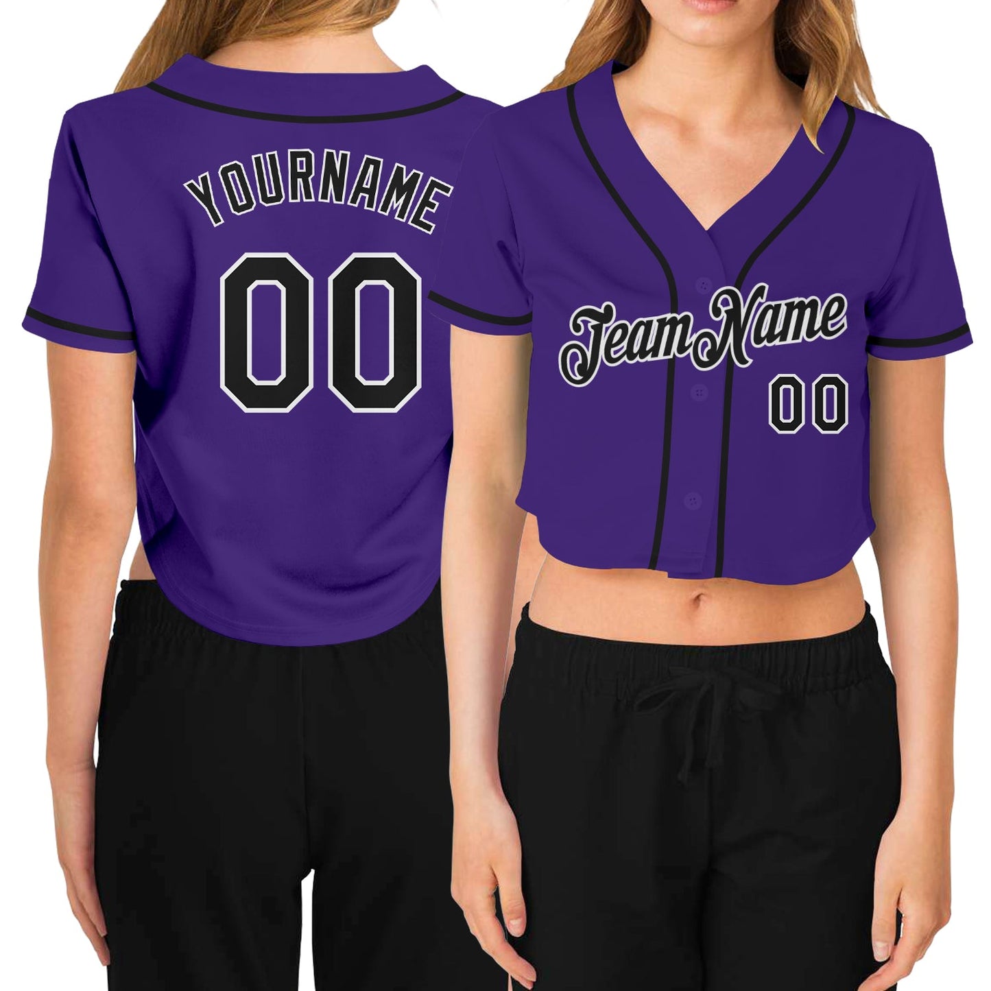 Custom Women's Purple Black-White V-Neck Cropped Baseball Jersey - Sky-Custom
