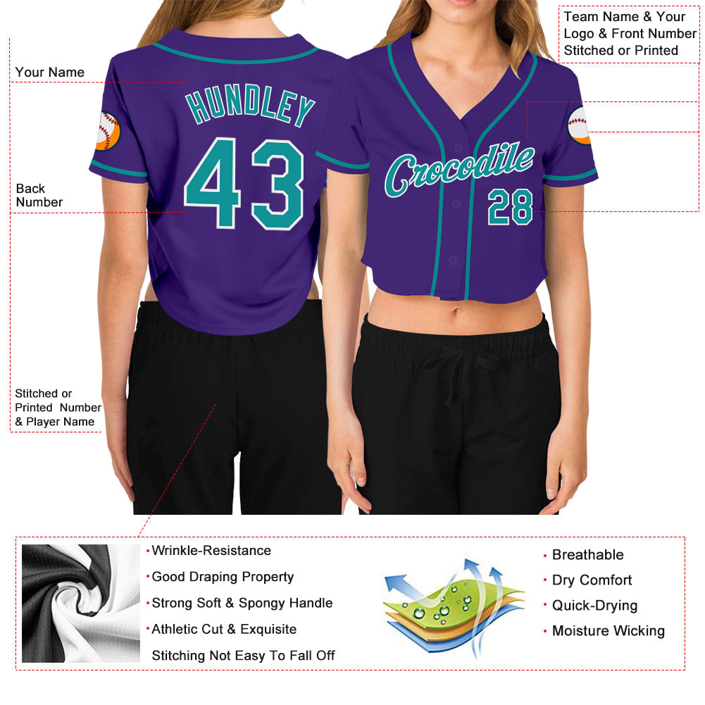 Custom Women's Purple Aqua-White V-Neck Cropped Baseball Jersey - Sky-Custom