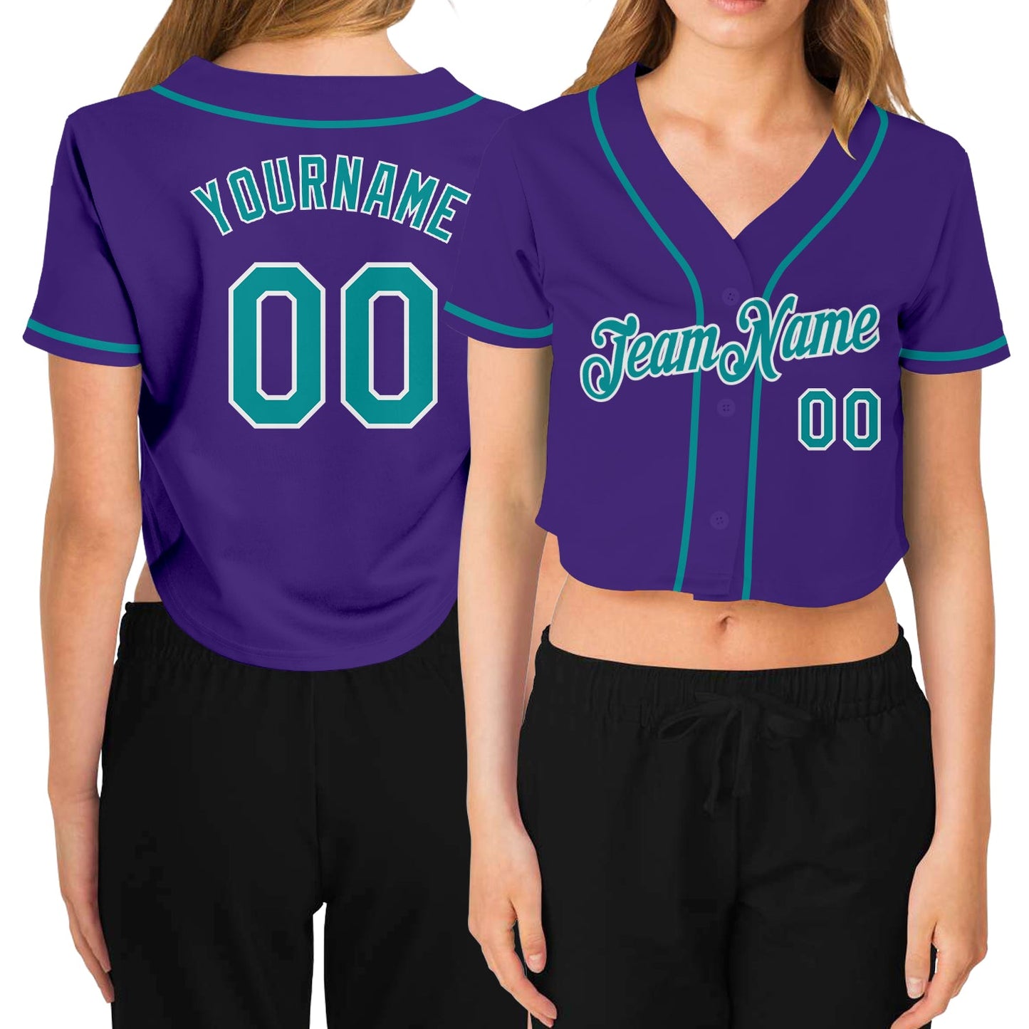 Custom Women's Purple Aqua-White V-Neck Cropped Baseball Jersey - Sky-Custom