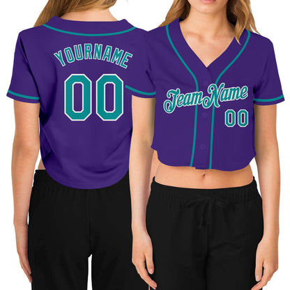 Custom Women's Purple Aqua-White V-Neck Cropped Baseball Jersey - Sky-Custom
