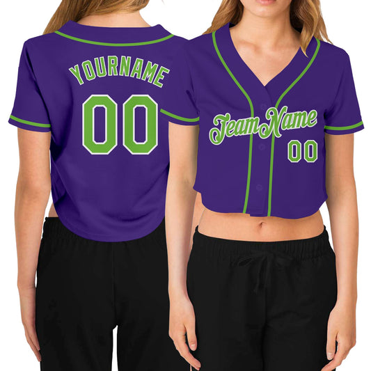 Custom Women's Purple Neon Green-White V-Neck Cropped Baseball Jersey - Sky-Custom