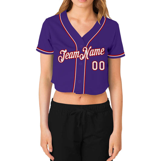 Custom Women's Purple White-Red V-Neck Cropped Baseball Jersey - Sky-Custom