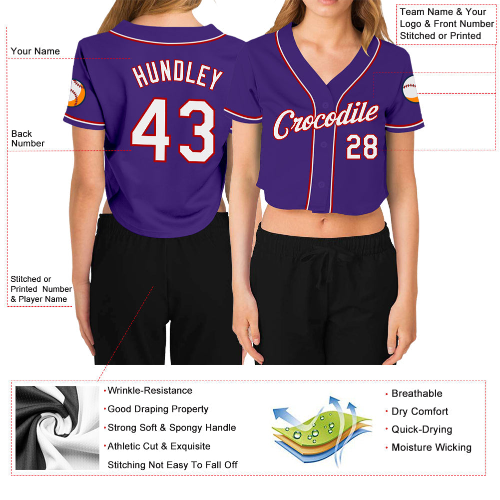 Custom Women's Purple White-Red V-Neck Cropped Baseball Jersey - Sky-Custom