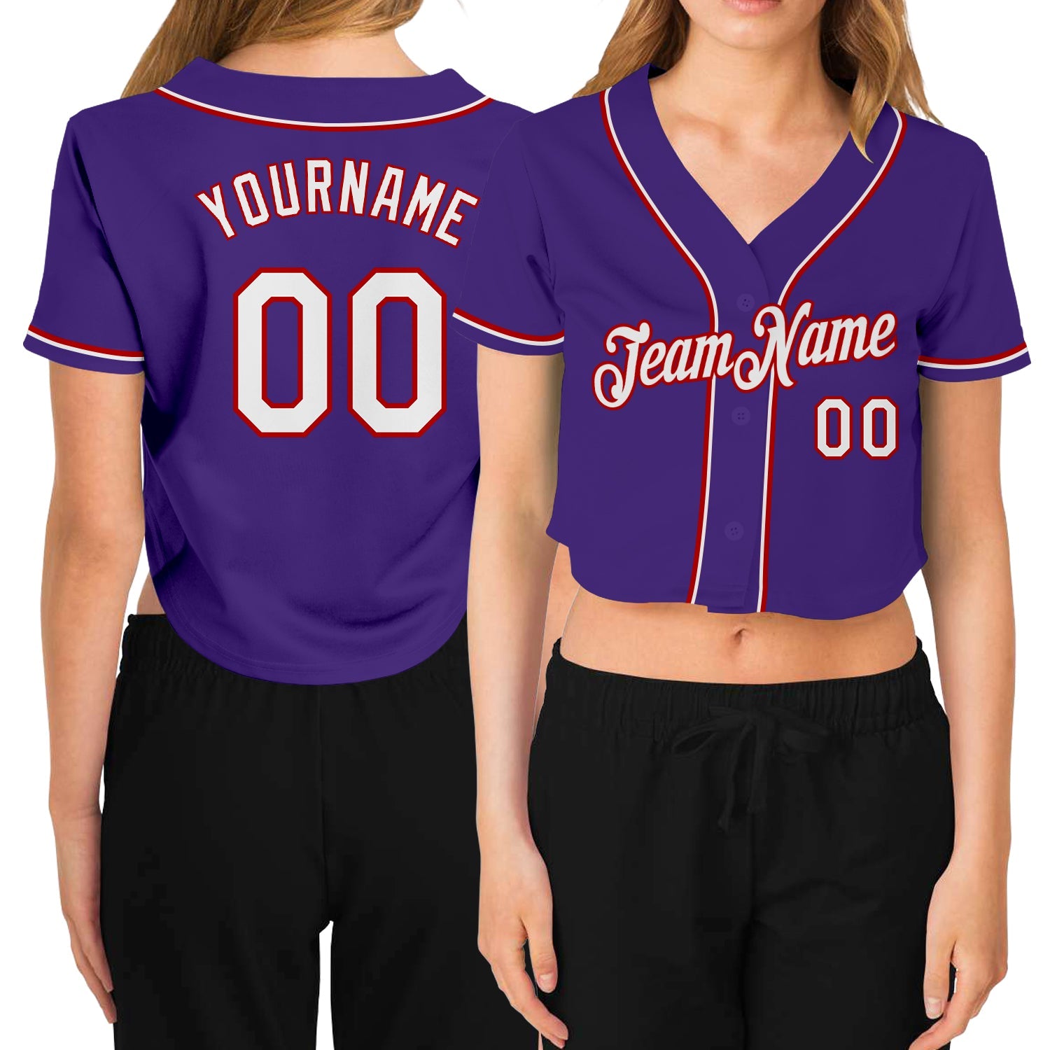 Custom Women's Purple White-Red V-Neck Cropped Baseball Jersey - Sky-Custom
