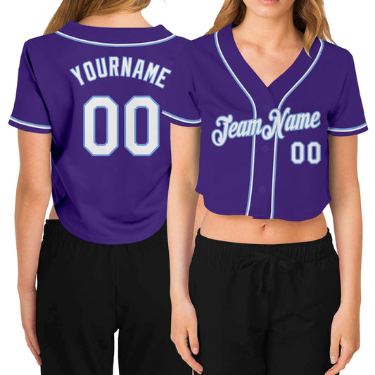 Custom Women's Purple White-Light Blue V-Neck Cropped Baseball Jersey - Sky-Custom