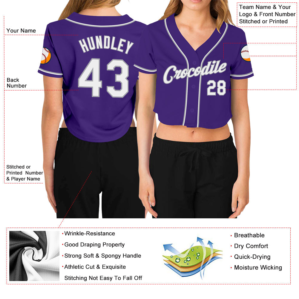Custom Women's Purple White-Gray V-Neck Cropped Baseball Jersey - Sky-Custom