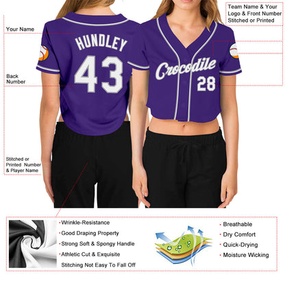Custom Women's Purple White-Gray V-Neck Cropped Baseball Jersey - Sky-Custom