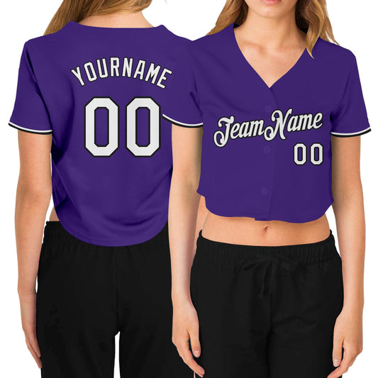 Custom Women's Purple White-Black V-Neck Cropped Baseball Jersey - Sky-Custom