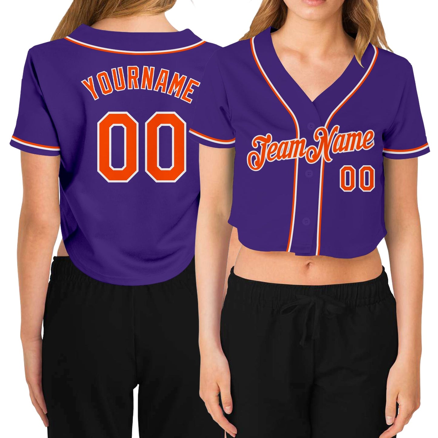 Custom Women's Purple Orange-White V-Neck Cropped Baseball Jersey - Sky-Custom